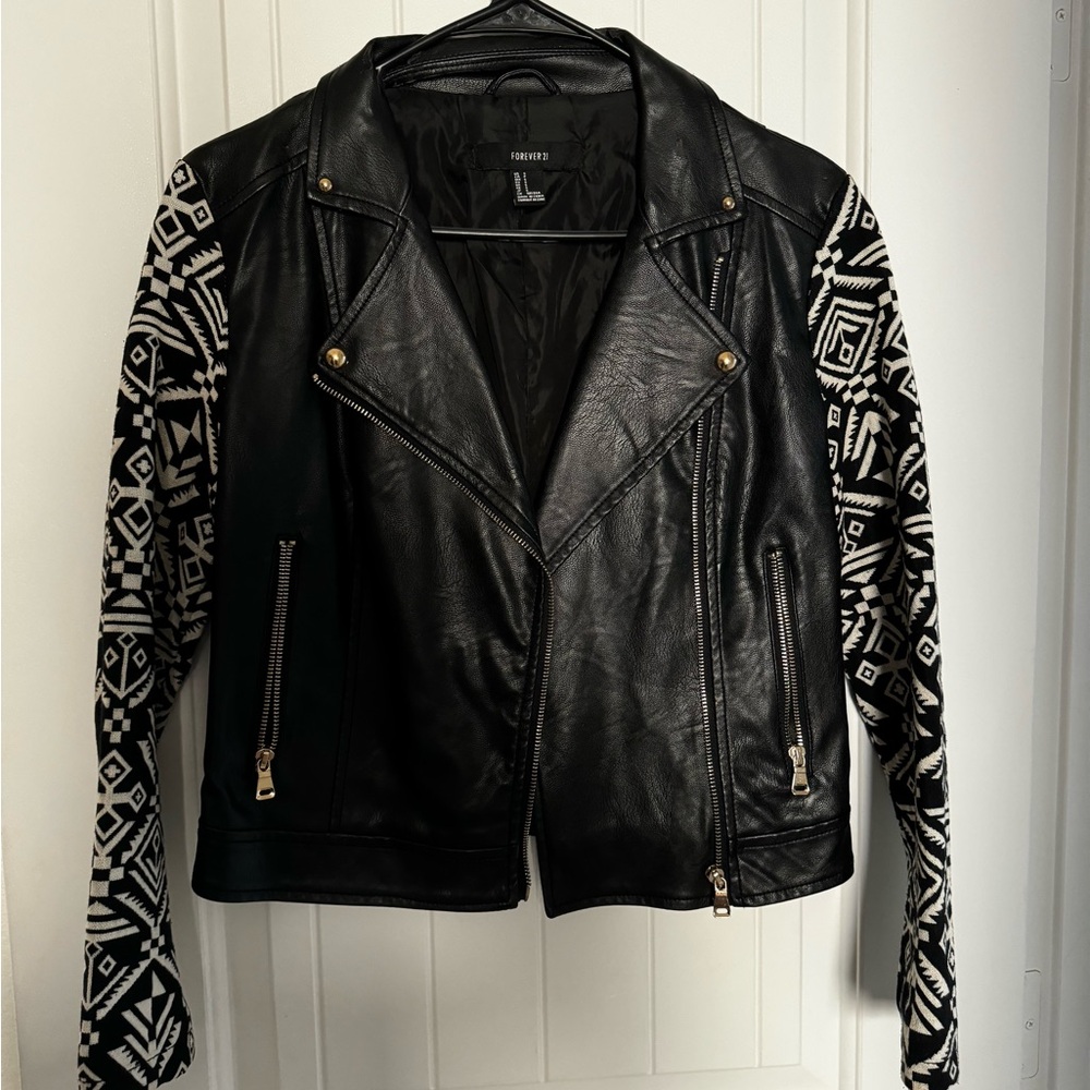 Forever 21 Black Leather Jacket with White Patterned Sleeves